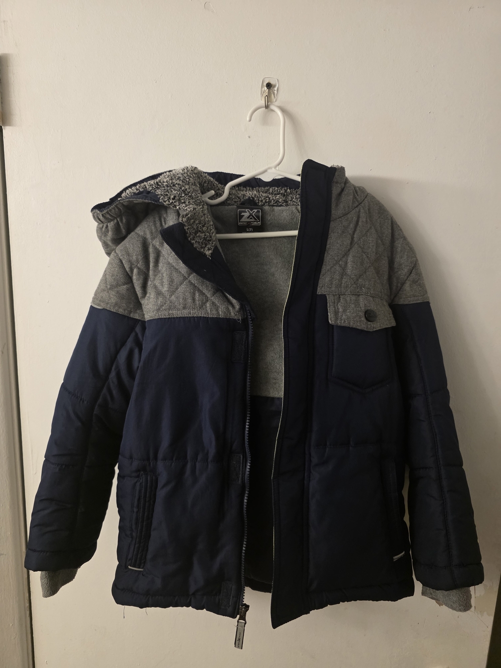 Kids Two-Tone Navy and Gray Hooded Puffer Jacket